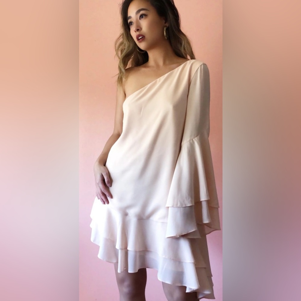 C/MEO Collective Dress One Shoulder Asymmetrical Ruffle Hem Pearl Chiffon XS 👍